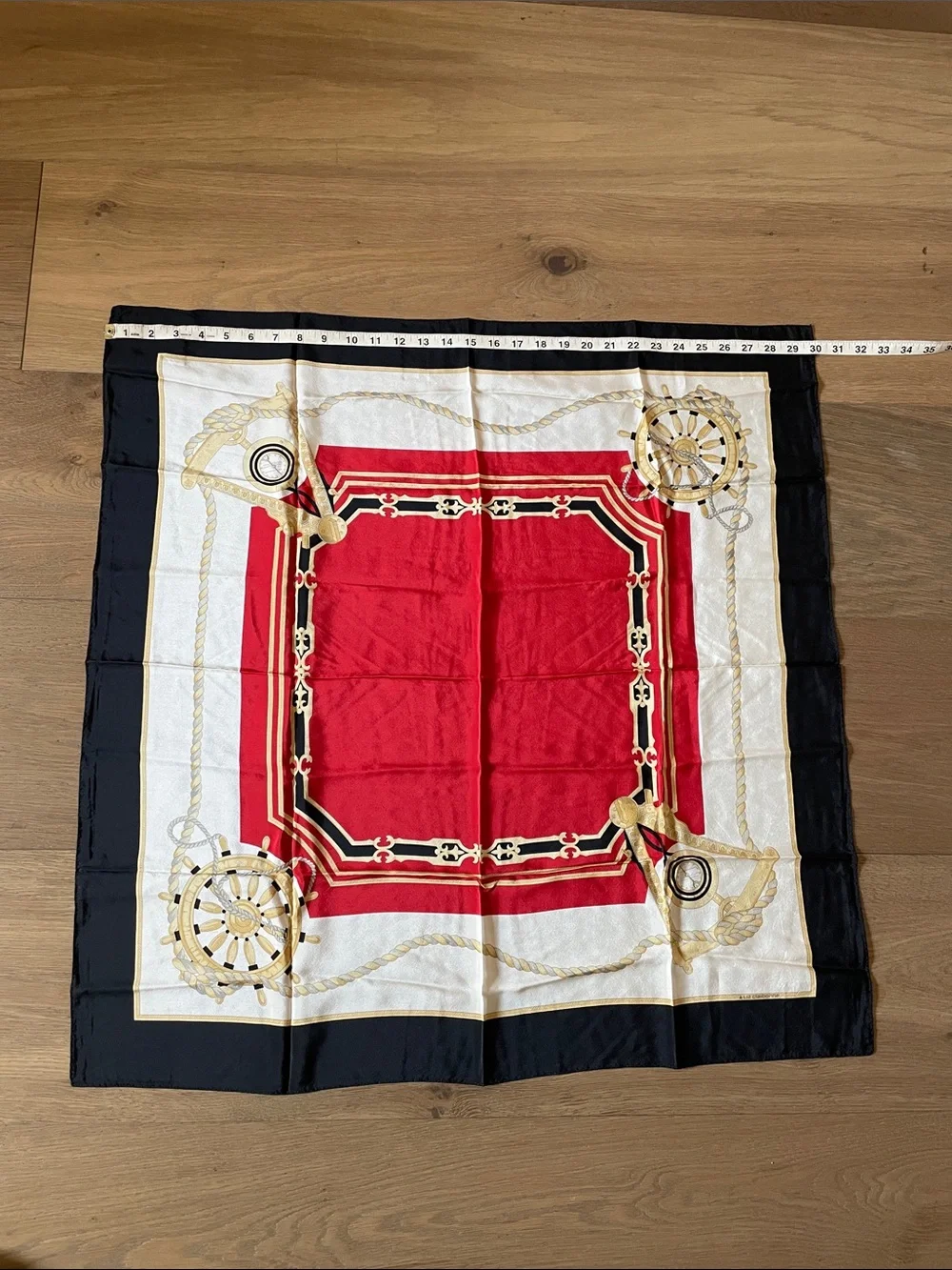 Vintage Liz Clabourne Nautical 100% Silk Scarf - Red Gold Black Stripe Square